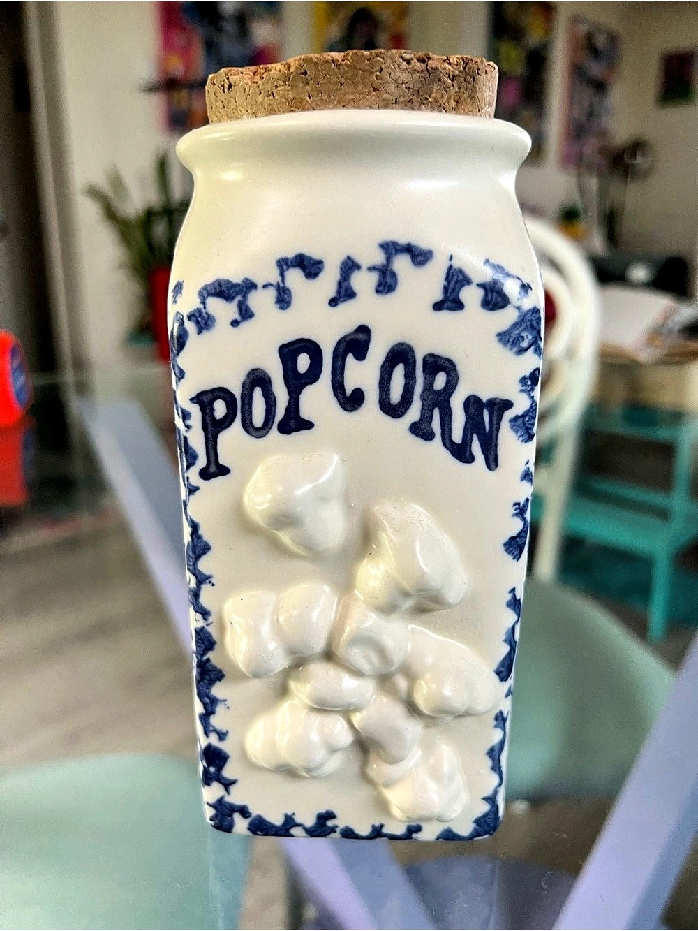 Popcorn Ceramic Food Storage Canister in White & Blue